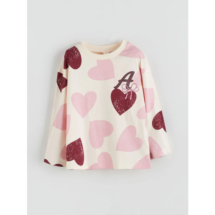 LCW baby Ekru Bisiklet Yaka Kalp Baskılı Kız Çocuk Tişört