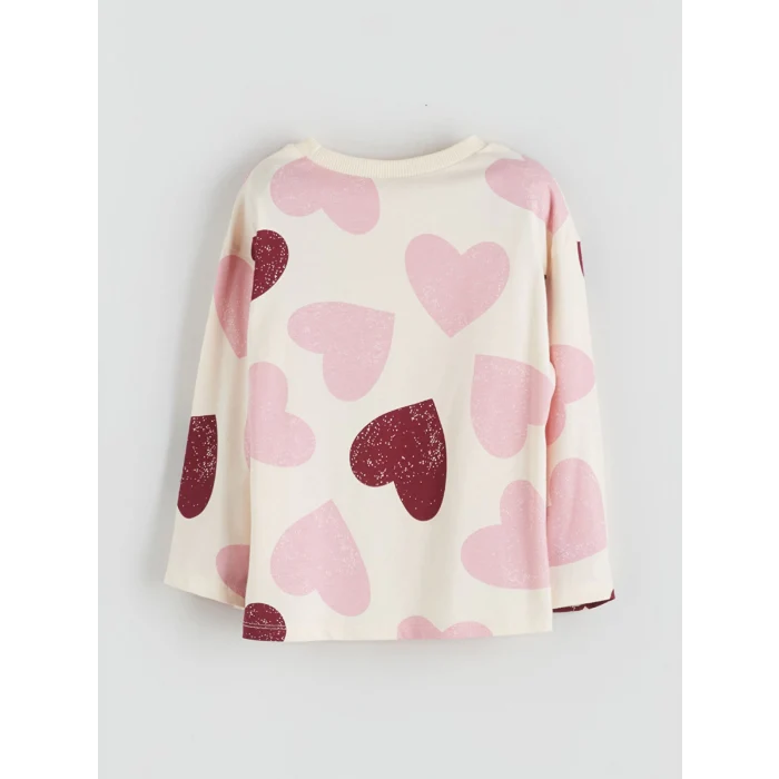 LCW baby Ekru Bisiklet Yaka Kalp Baskılı Kız Çocuk Tişört