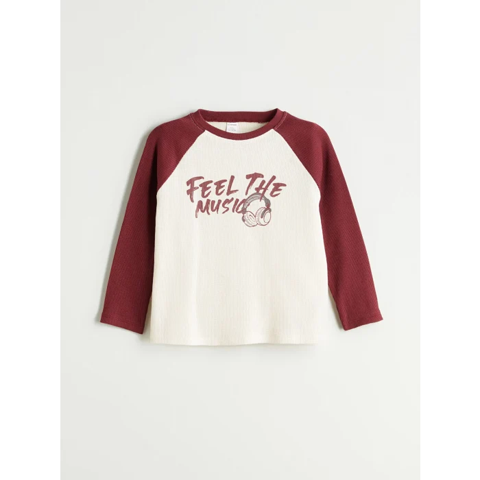 LCW Kids Bej Bisiklet Yaka Baskılı Erkek Çocuk Tişört