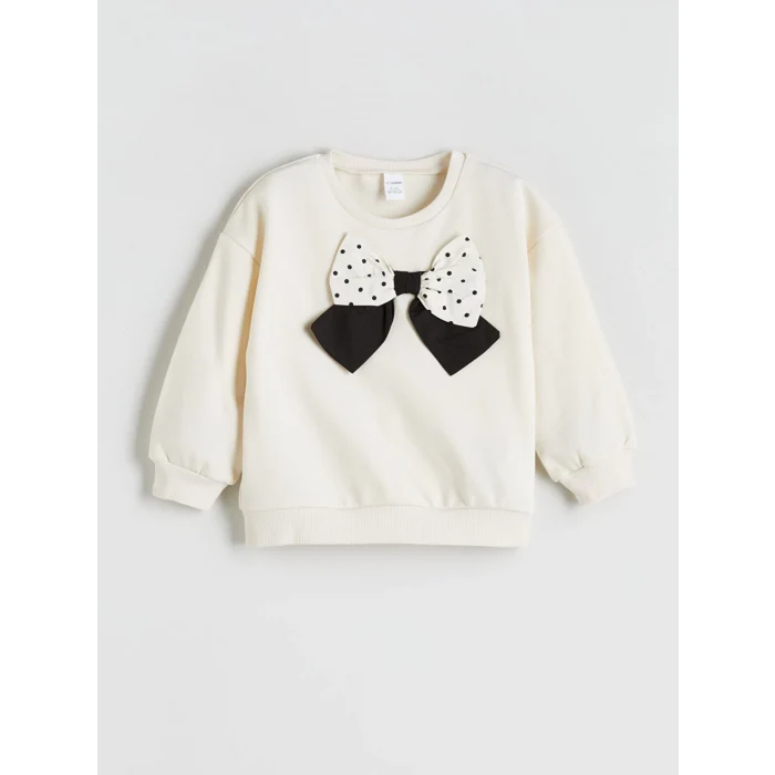 LCW Kids Ekru Bisiklet Yaka Fiyonk Detaylı Kız Çocuk Sweatshirt