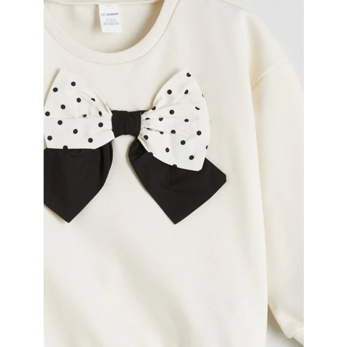 LCW Kids Ekru Bisiklet Yaka Fiyonk Detaylı Kız Çocuk Sweatshirt