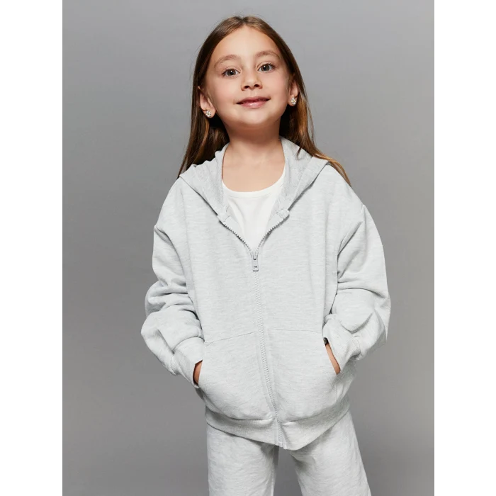 LCW Kids Gri Kapüşonlu Uzun Kollu Kız Çocuk Fermuarlı Sweatshirt