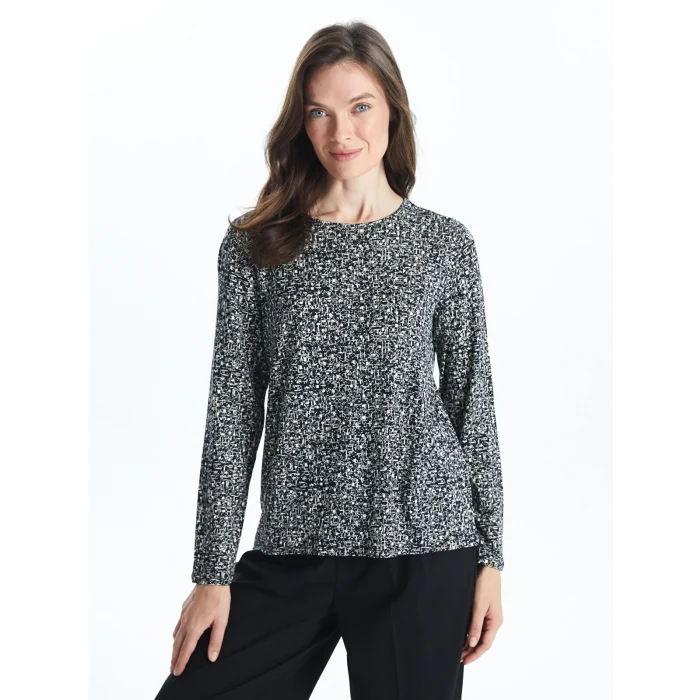 LCW Grace Siyah Büyük Beden Bisiklet Yaka Desenli Bluz