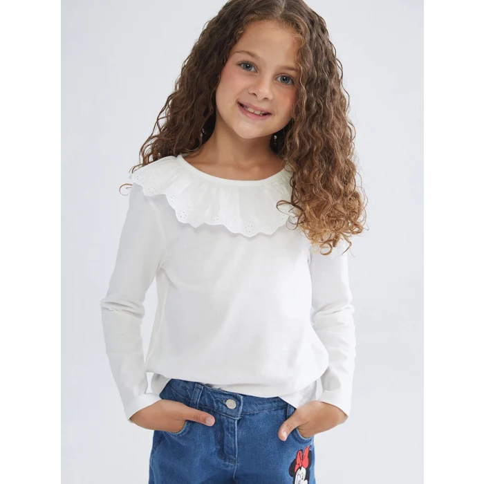 LCW Kids Ekru Yaka Detaylı Penye Kız Çocuk Tişört