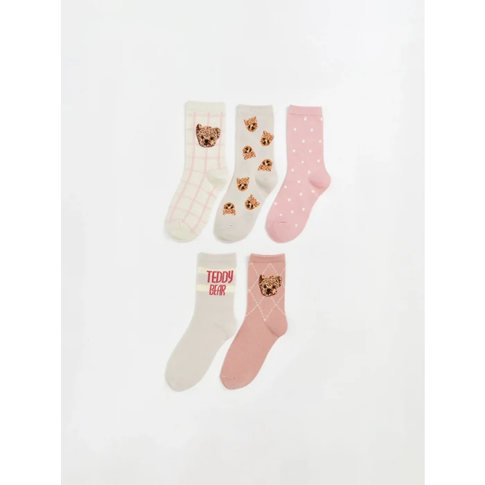 LCW Kids Ekru Ayı Teddy Desenli Kız Çocuk Soket Çorap 5li