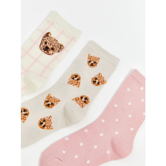 LCW Kids Ekru Ayı Teddy Desenli Kız Çocuk Soket Çorap 5li