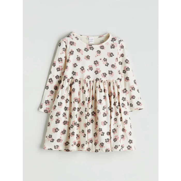 LCW Kids Ekru Çiçekli Penye Kız Çocuk Elbise