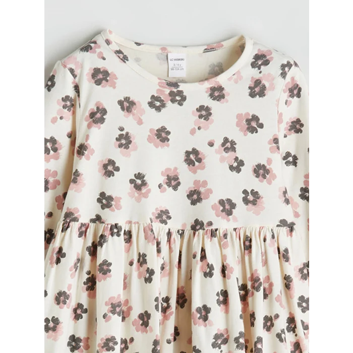 LCW Kids Ekru Çiçekli Penye Kız Çocuk Elbise
