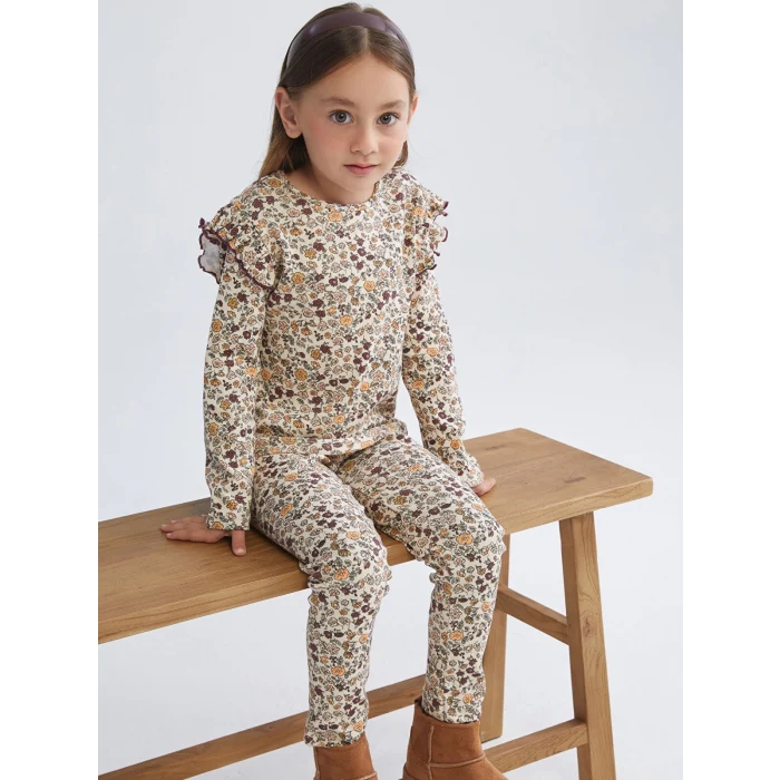 LCW Kids Bej Beli Lastikli Çiçekli Kız Çocuk Tayt