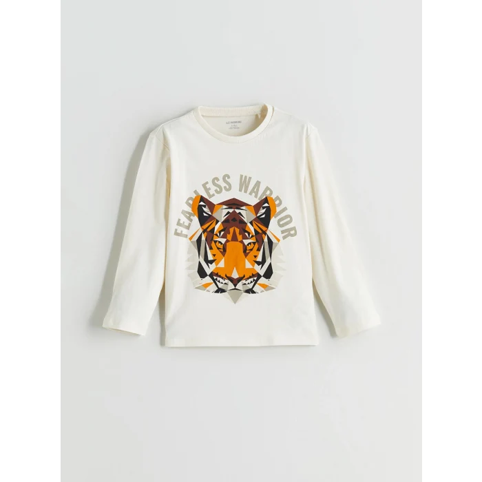 LCW Kids Bej Bisiklet Yaka Kaplan Baskılı Erkek Çocuk Tişört