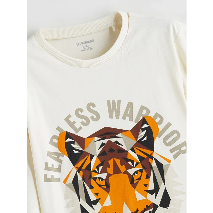 LCW Kids Bej Bisiklet Yaka Kaplan Baskılı Erkek Çocuk Tişört