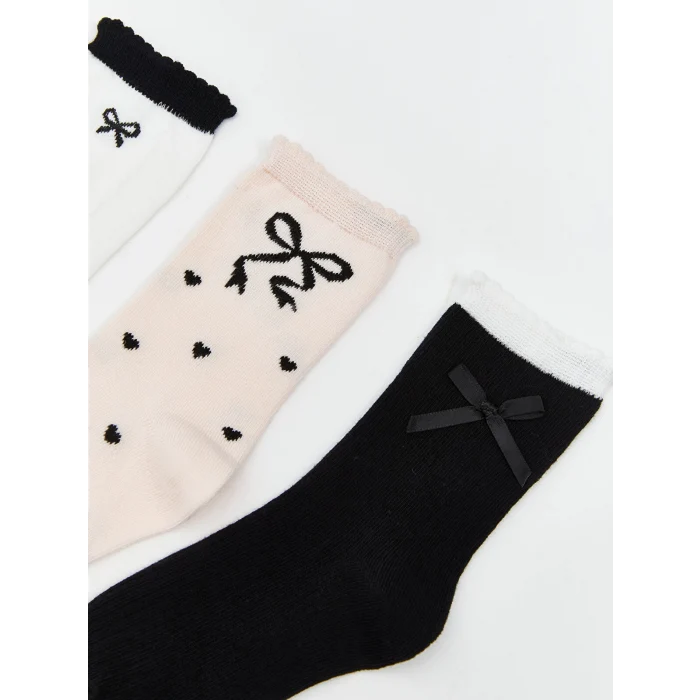 LCW Kids Ekru Fiyonk Desenli Kız Çocuk Soket Çorap 5li