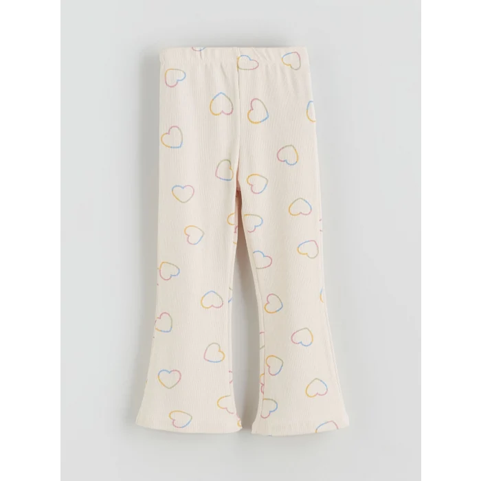 LCW Kids Ekru Beli Lastikli Kalp Baskılı Kız Çocuk Tayt
