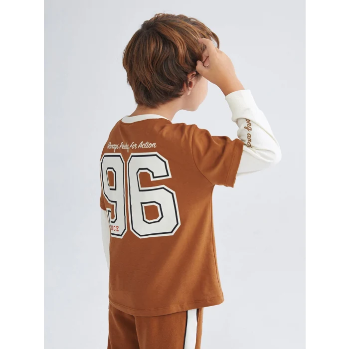 LCW Kids Kahverengi Bisiklet Yaka Baskılı Uzun Kollu Erkek Çocuk Tişört