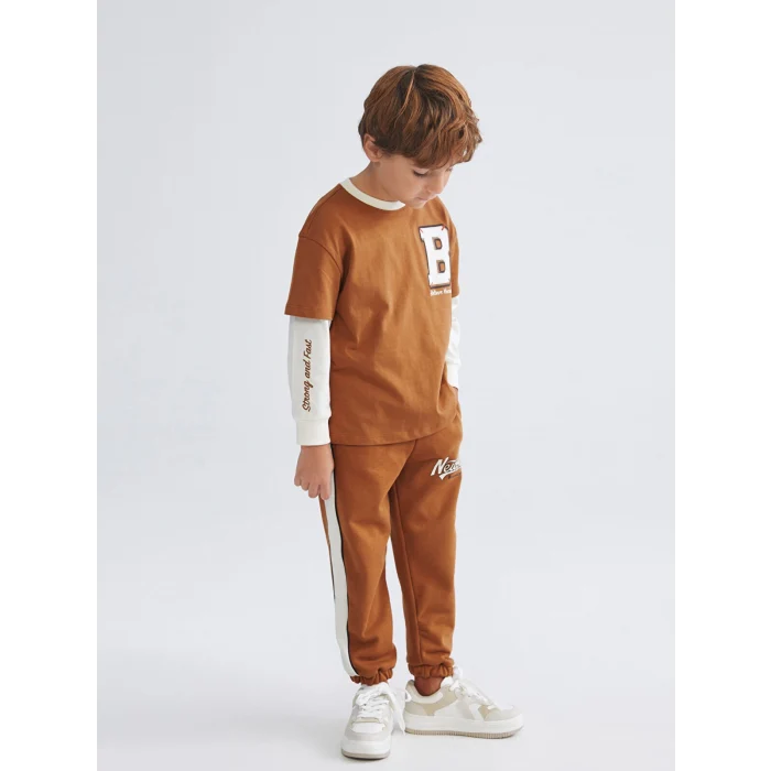 LCW Kids Kahverengi Bisiklet Yaka Baskılı Uzun Kollu Erkek Çocuk Tişört