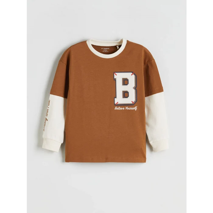 LCW Kids Kahverengi Bisiklet Yaka Baskılı Uzun Kollu Erkek Çocuk Tişört