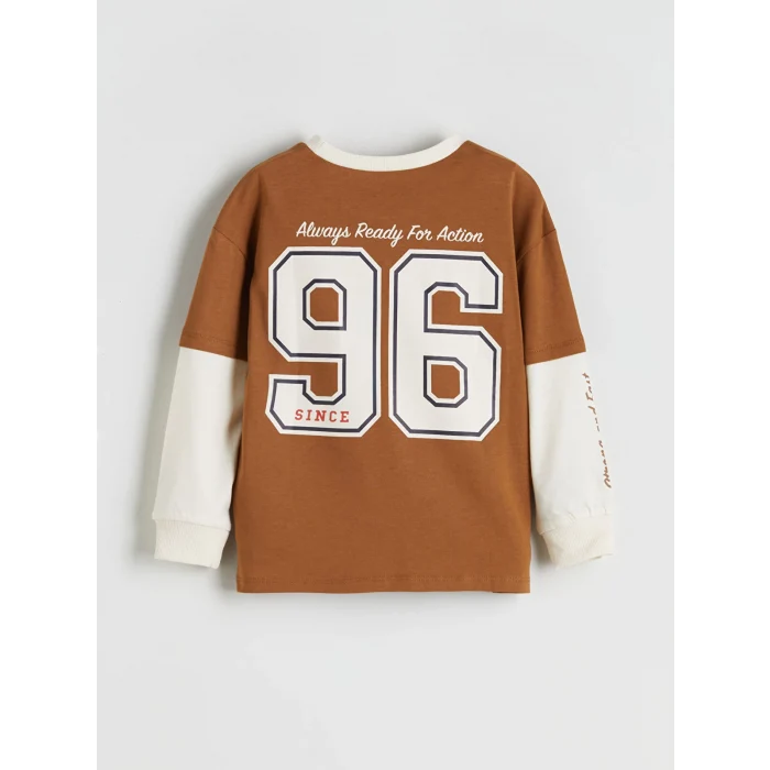 LCW Kids Kahverengi Bisiklet Yaka Baskılı Uzun Kollu Erkek Çocuk Tişört