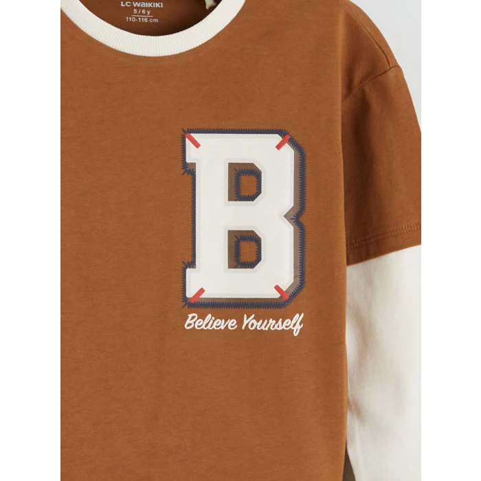 LCW Kids Kahverengi Bisiklet Yaka Baskılı Uzun Kollu Erkek Çocuk Tişört
