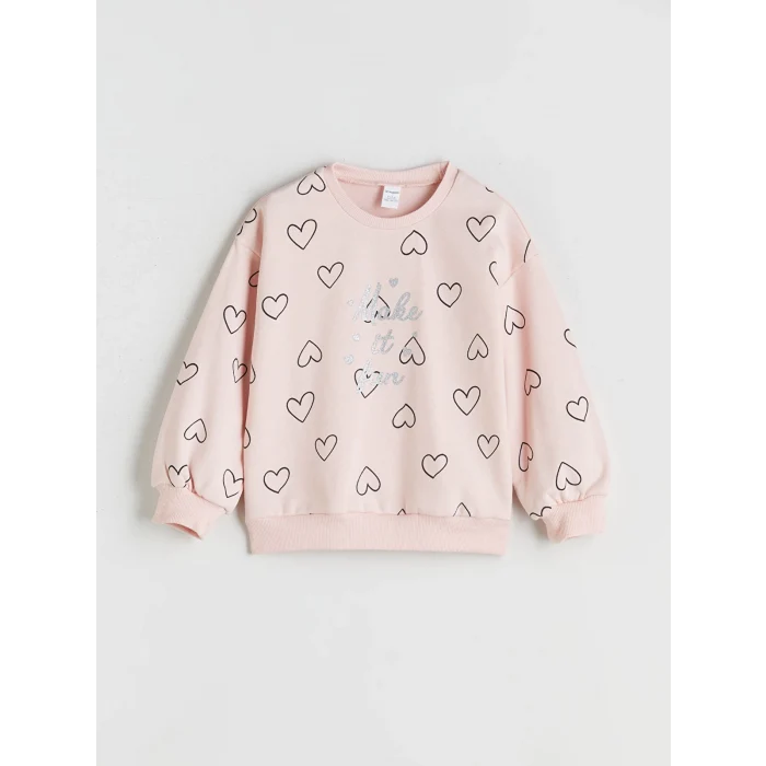 LCW Kids Pembe Bisiklet Yaka Kalp Baskılı Kız Çocuk Sweatshirt
