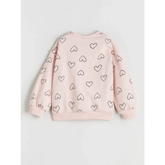 LCW Kids Pembe Bisiklet Yaka Kalp Baskılı Kız Çocuk Sweatshirt