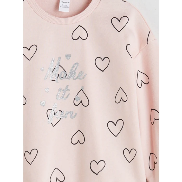 LCW Kids Pembe Bisiklet Yaka Kalp Baskılı Kız Çocuk Sweatshirt