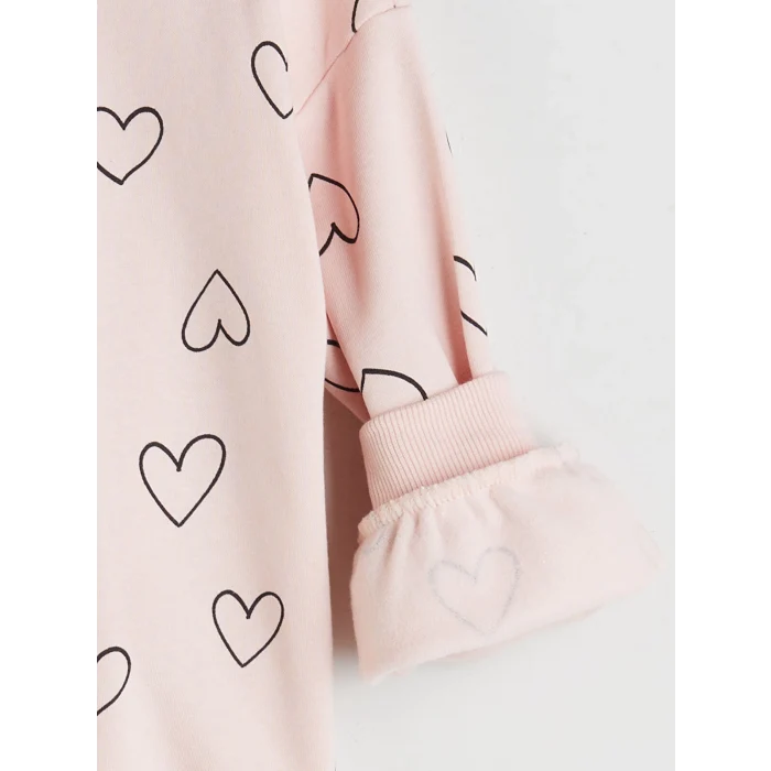 LCW Kids Pembe Bisiklet Yaka Kalp Baskılı Kız Çocuk Sweatshirt