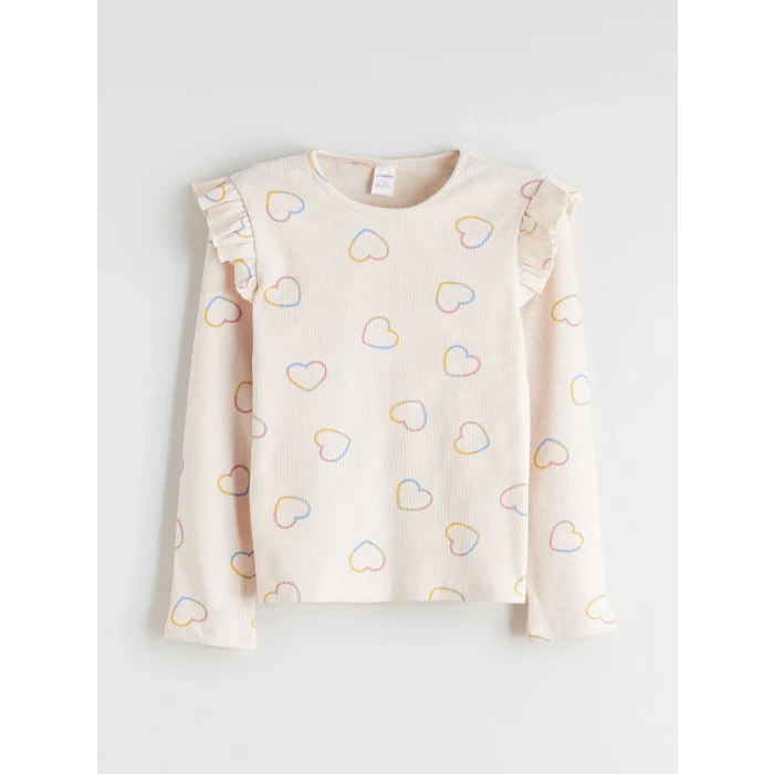 LCW Kids Ekru Kalp Baskılı Fırfırlı Kız Çocuk Tişört