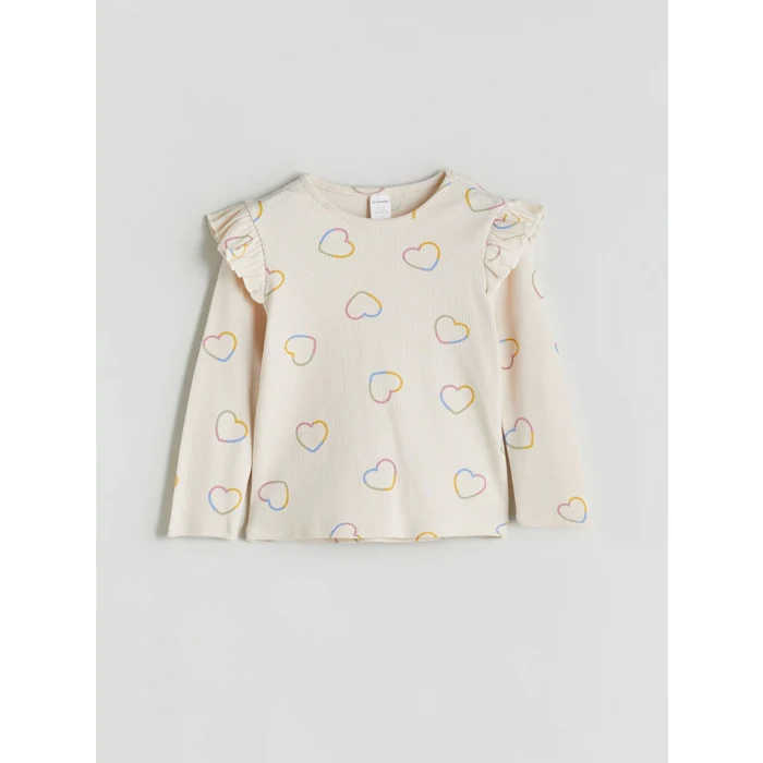 LCW Kids Ekru Kalp Baskılı Fırfırlı Kız Çocuk Tişört