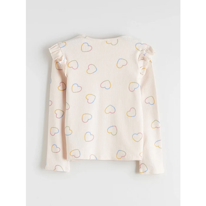 LCW Kids Ekru Kalp Baskılı Fırfırlı Kız Çocuk Tişört