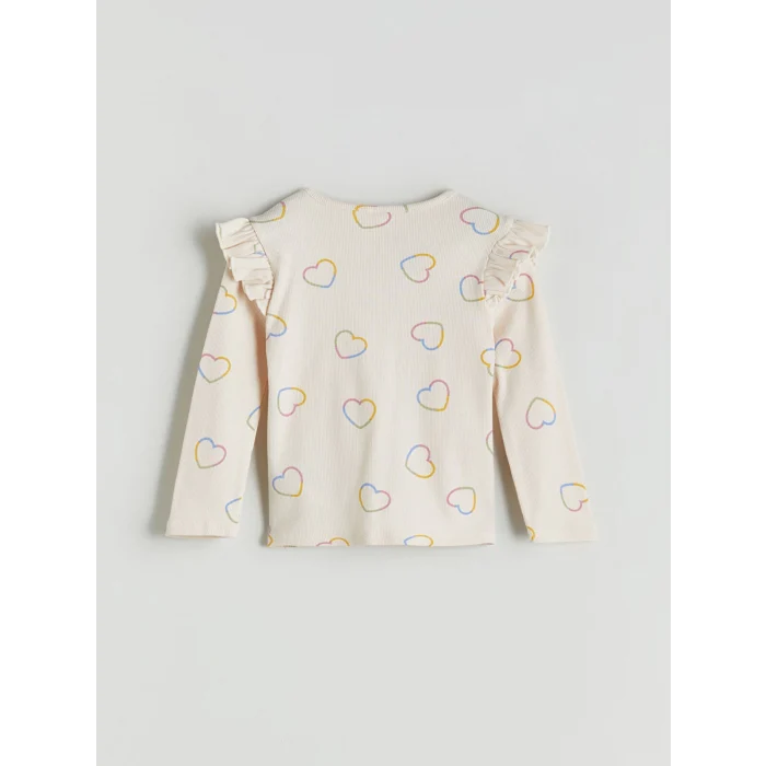 LCW Kids Ekru Kalp Baskılı Fırfırlı Kız Çocuk Tişört
