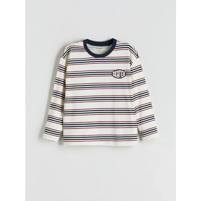 LCW Kids Bej Bisiklet Yaka Çizgili Uzun Kollu Erkek Çocuk Tişört