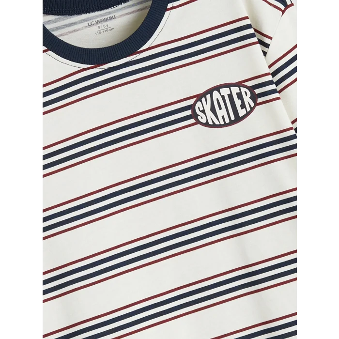 LCW Kids Bej Bisiklet Yaka Çizgili Uzun Kollu Erkek Çocuk Tişört