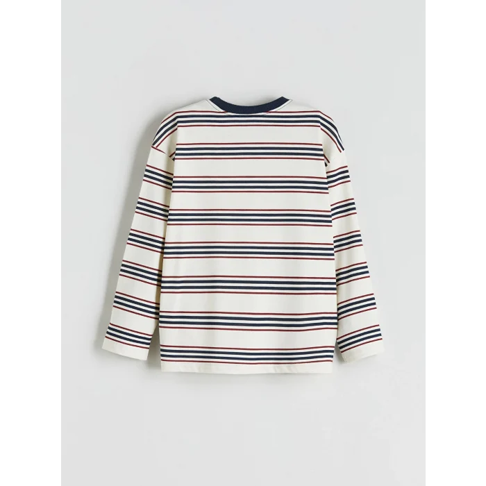 LCW Kids Bej Bisiklet Yaka Çizgili Uzun Kollu Erkek Çocuk Tişört