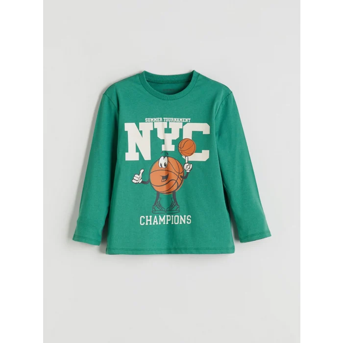 LCW Kids Turkuaz Bisiklet Yaka Baskılı Erkek Çocuk Tişört