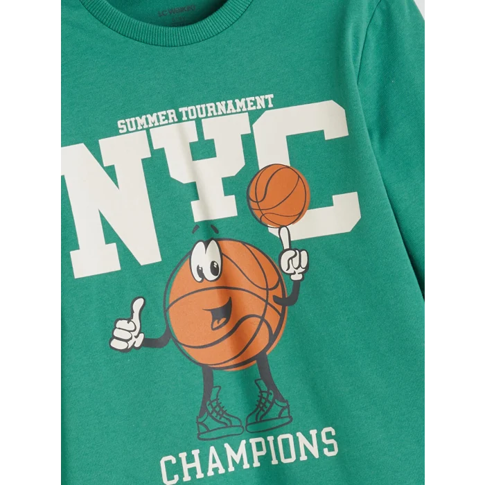 LCW Kids Turkuaz Bisiklet Yaka Baskılı Erkek Çocuk Tişört