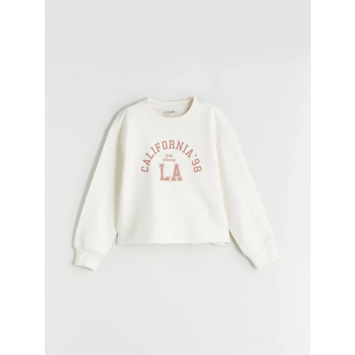 LCW Kids Ekru Bisiklet Yaka Baskılı Kız Çocuk Sweatshirt