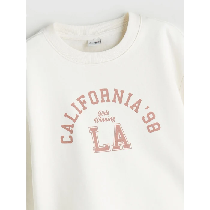 LCW Kids Ekru Bisiklet Yaka Baskılı Kız Çocuk Sweatshirt