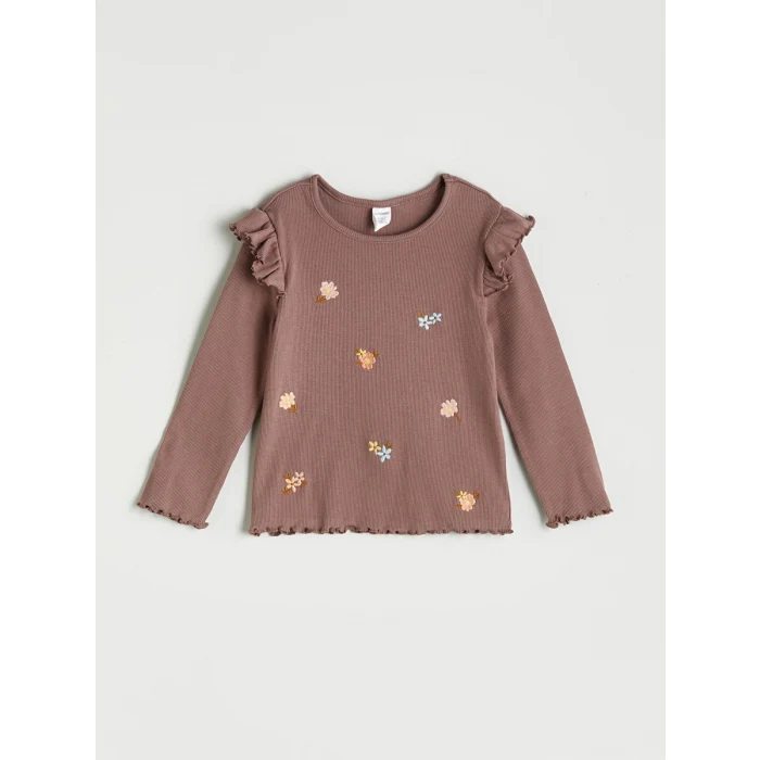 LCW Kids Kahverengi Bisiklet Yaka Çiçek Nakışlı Kız Çocuk Tişört