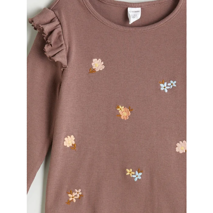 LCW Kids Kahverengi Bisiklet Yaka Çiçek Nakışlı Kız Çocuk Tişört