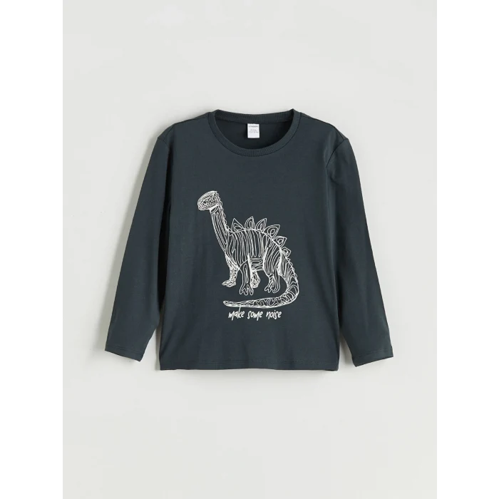 LCW Kids Antrasit Bisiklet Yaka Dinazor Baskılı Erkek Çocuk Tişört