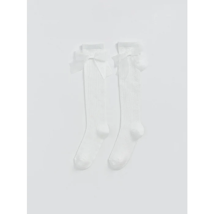 LCW Kids Ekru Fiyonk Detaylı Kız Çocuk Diz Altı Çorap 2li