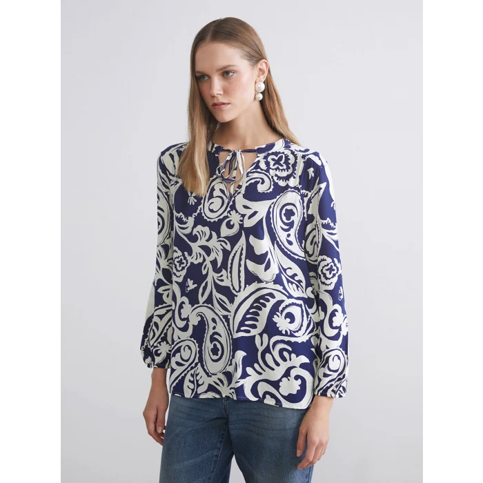 LCWAIKIKI Classic Mavi Bağlamalı Yaka Çiçekli Kadın Bluz