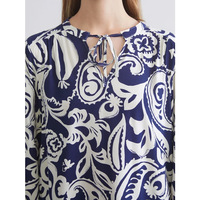 LCWAIKIKI Classic Mavi Bağlamalı Yaka Çiçekli Kadın Bluz