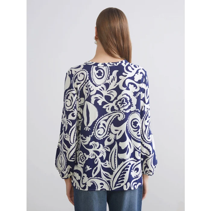 LCWAIKIKI Classic Mavi Bağlamalı Yaka Çiçekli Kadın Bluz