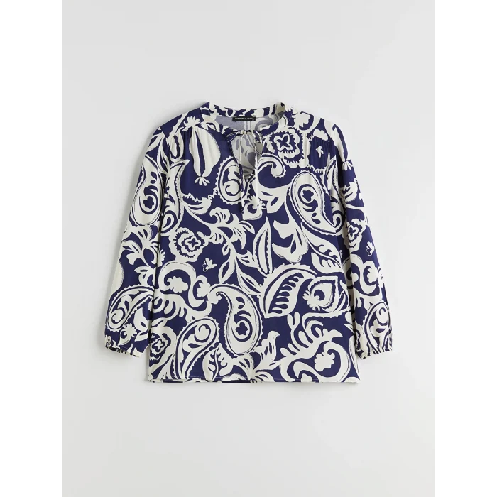 LCWAIKIKI Classic Mavi Bağlamalı Yaka Çiçekli Kadın Bluz