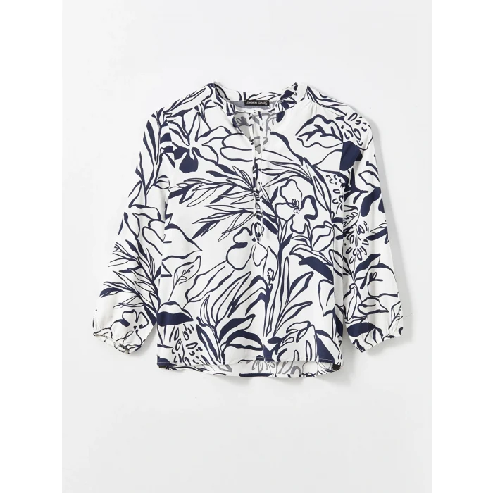 LCWAIKIKI Classic Mavi Bağlamalı Yaka Çiçekli Kadın Bluz
