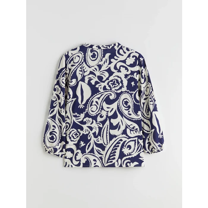 LCWAIKIKI Classic Mavi Bağlamalı Yaka Çiçekli Kadın Bluz