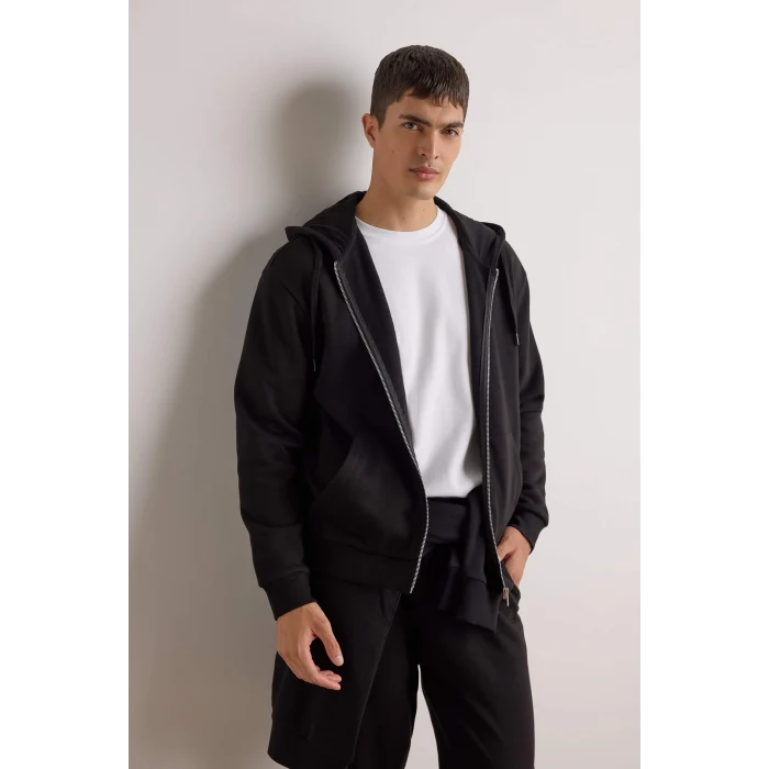 Defacto D7599AXBK81 Siyah Comfort Fit Kapüşonlu İçi Yumuşak Tüylü Basic Düz Cepli Kalın Fermuarlı Sweatshirt