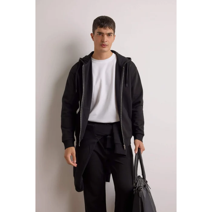 Defacto D7599AXBK81 Siyah Comfort Fit Kapüşonlu İçi Yumuşak Tüylü Basic Düz Cepli Kalın Fermuarlı Sweatshirt