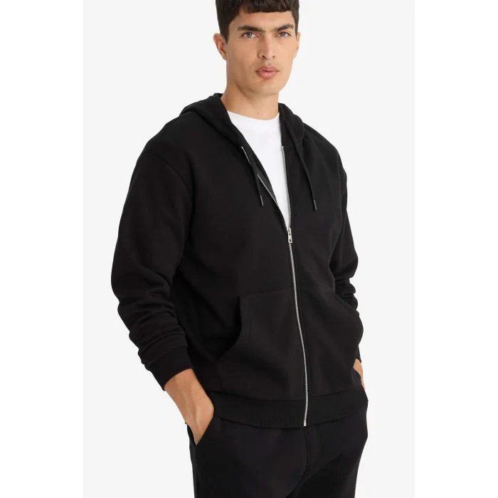 Defacto D7599AXBK81 Siyah Comfort Fit Kapüşonlu İçi Yumuşak Tüylü Basic Düz Cepli Kalın Fermuarlı Sweatshirt